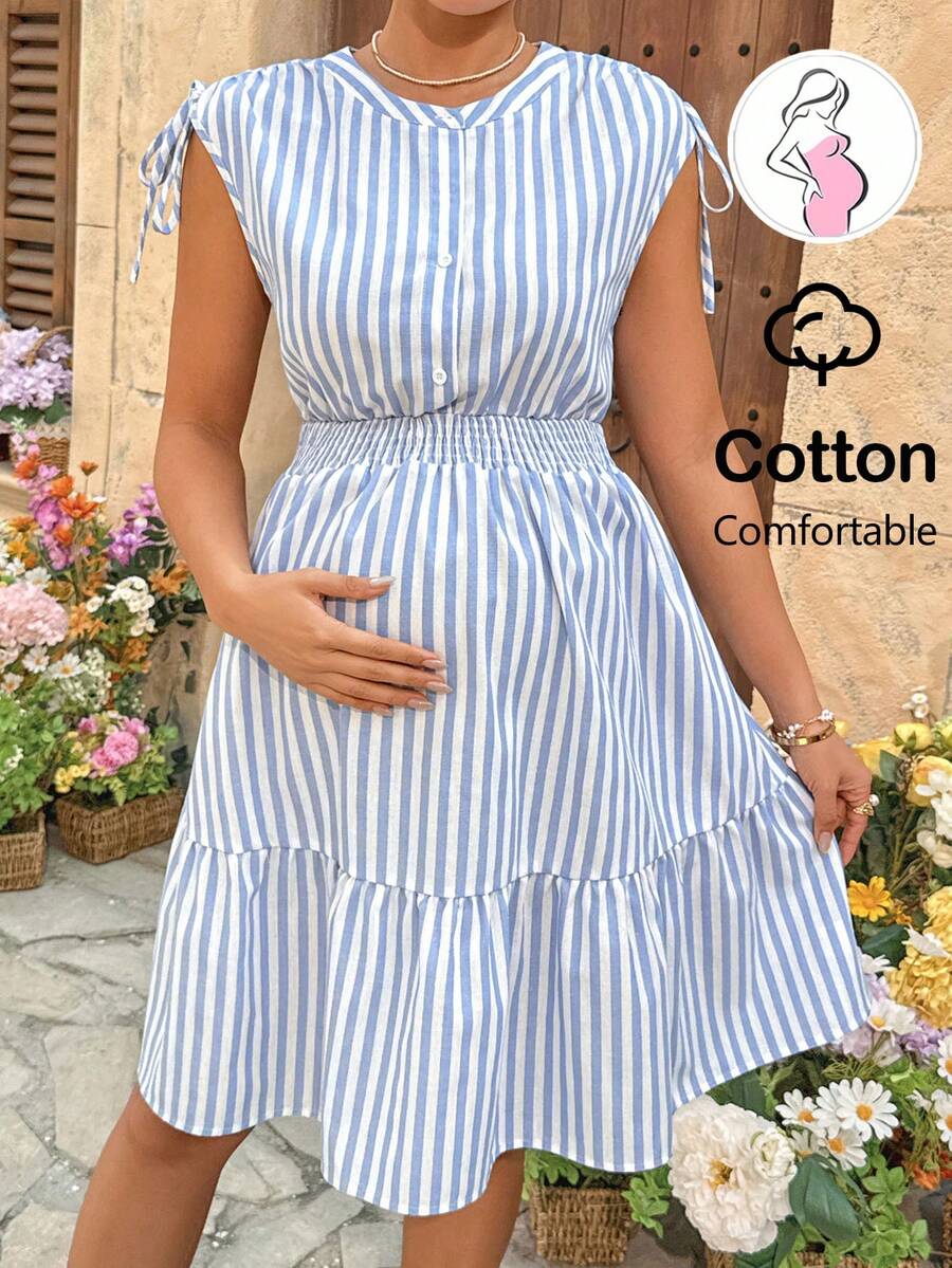 SHEIN Maternity Striped Nursing Function Casual Daily Cap Sleeve Dress Summer  Summer Holiday Outfits - Blue and White - View 1