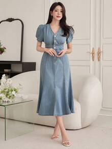 DAZY Women's Casual Washed V-Neck Petal Sleeve Denim Dress, Summer - Blue - View 4