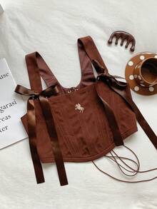 Comfortcana Débardeur corset style occidental à lacets et broderie, marron, convient pour le Nouvel An, Noël, Thanksgiving, top marron chocolat grande taille - Kaki - Voir 8