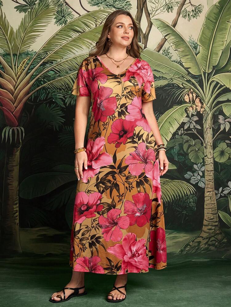 Plus Size Women's Summer Vacation Floral Print V-Neck Short Sleeve Dress, Belt Not Included Summer Outfits Beach Vacation Outfits For Women Floral Dress BOHO Clothes Women's Summer Dresses Tropical Vacation Outfits For Women Women's Summer Outfits Women Casual Dresses Women Holiday Dress Summer Outfits For Women Beach Outfit For Women Casual Vacation Outfits Women Country Concert Outfit Peplum