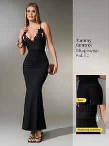 Nuvra Women's Spaghetti Strap Low-Cut Double-Layer Shapewear Slip Dress With Lining, Waist Cinching, Butt Lifting, Mid-Length Body Shaping Dress - Black - View 4