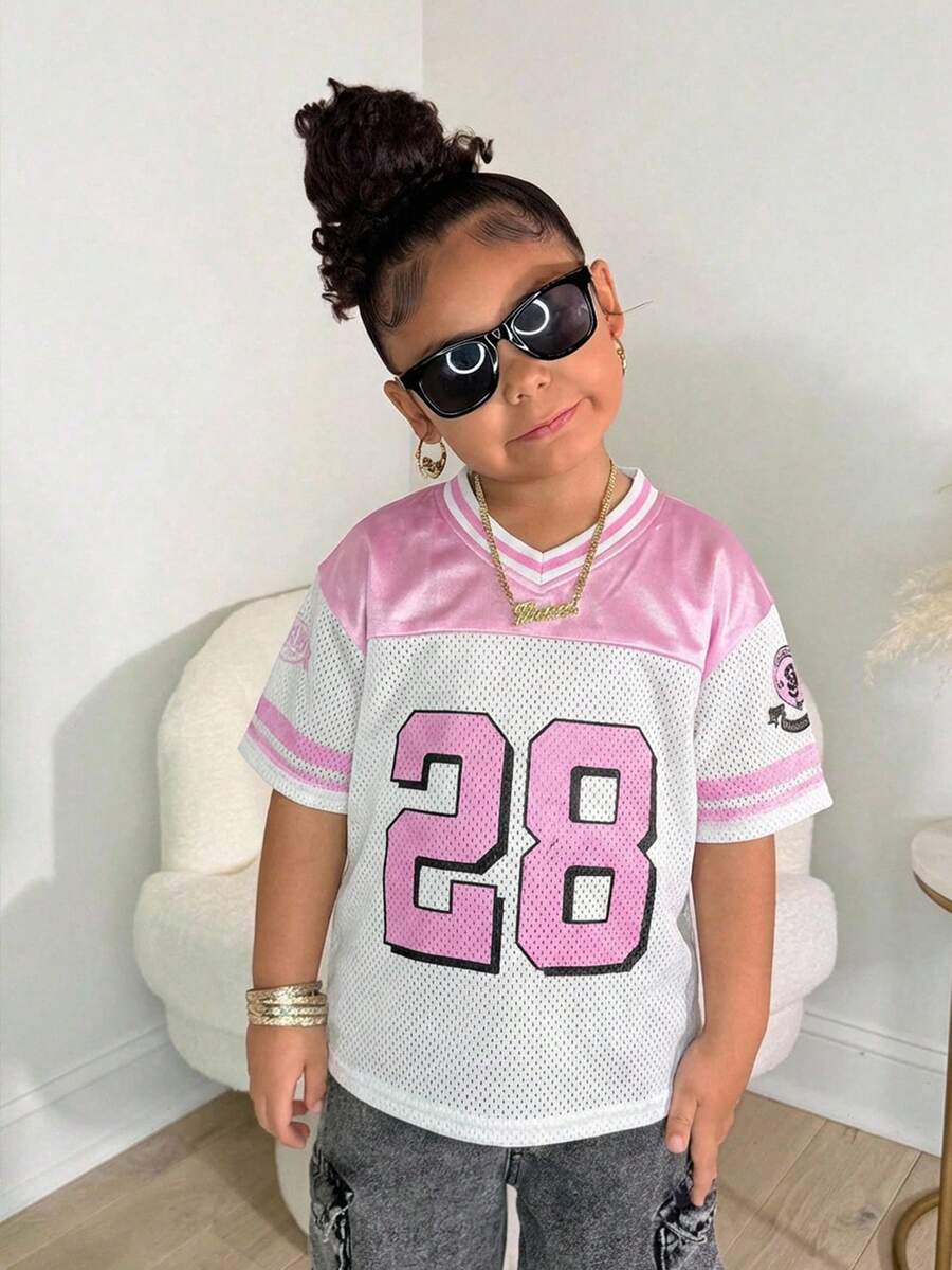 少女休闲可爱V领印花T恤，宽松版型字母印花粉色T恤，适合日常街头穿着 - 粉色 - 查看 1