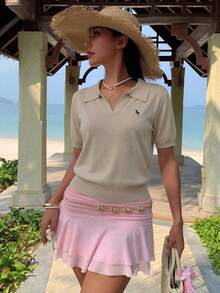 DAZY 女士条纹 Polo 领短袖休闲针织上衣，春夏款 - 米色 - 查看 3