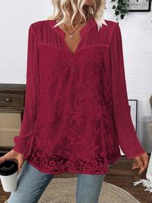 EMERY ROSE 刺绣薄纱休闲长袖宽松衬衫 - 酒紅色 - 查看 5