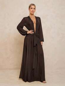 Lumalex 女士超长连衣裙，配有可拆卸打底裤、透视V领、泡泡袖、褶皱腰带和超大裙摆 - 咖啡棕 - 查看 8