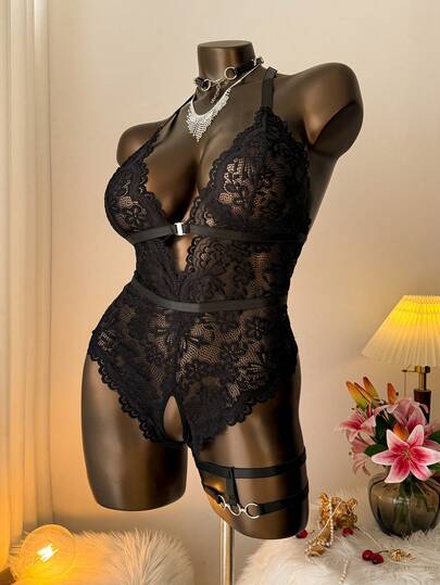 Auralis 2pcs Plus Size Women Non-Wired Black Lace Charming Bodysuits Lingerie Set Spring/Summer Elegant Party Bodysuit For Women