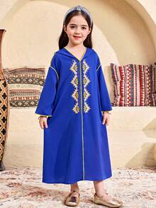 SHEIN 少女碎花连帽休闲雪纺连衣裙 - 藍色 - 查看 5