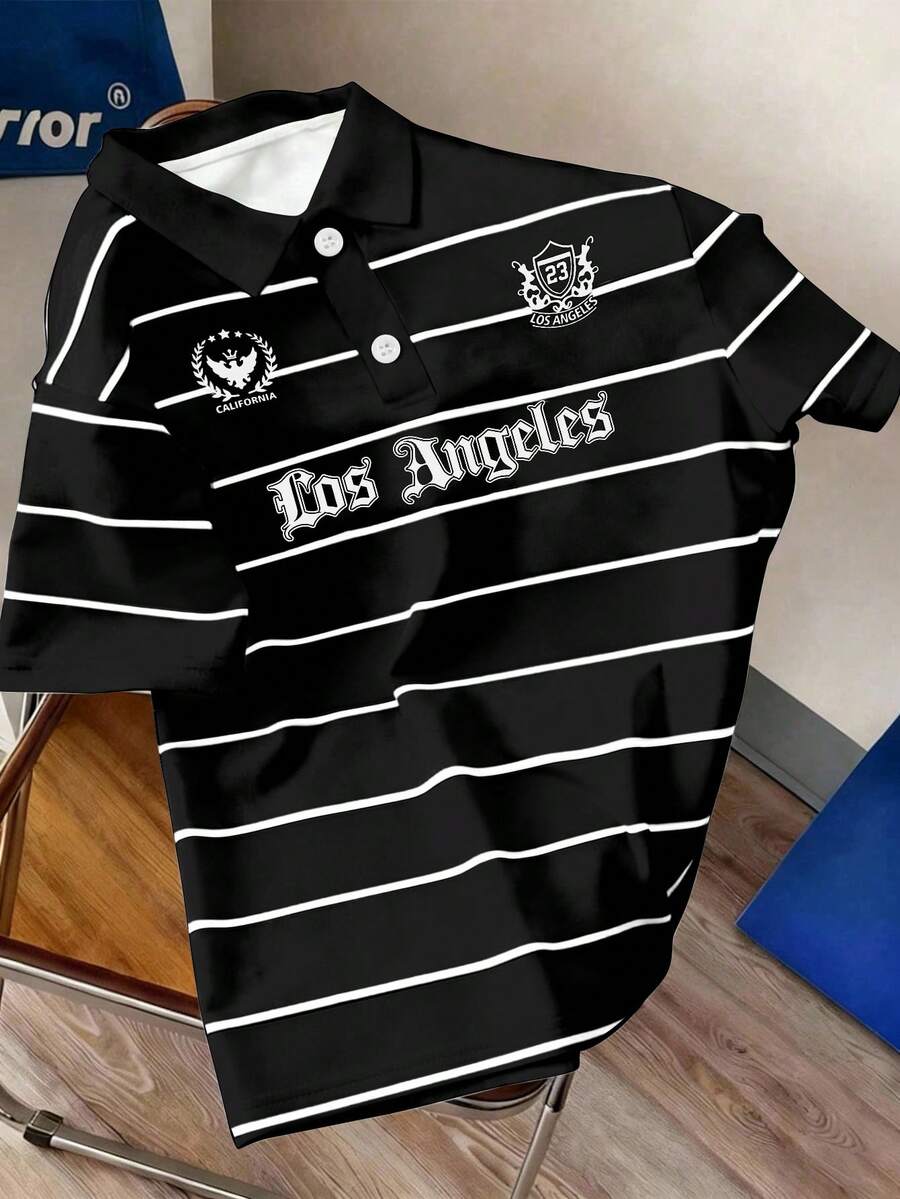 Manfinity Joysei 男士休闲日常通勤及校园风字母条纹印花短袖Polo衫，夏季 - 黑色 - 查看 1