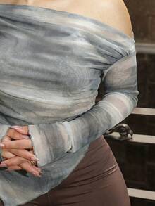 Lupita Cardoza Áo thun dài tay in họa tiết nhuộm loang cổ bất đối xứng dành cho nữ - Nhiều màu - Xem 5