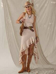 Wildy 休闲美式乡村音乐节复古纹理女式春夏基础款无袖不对称下摆中长连衣裙，适合日常穿着和通勤。 - 卡其色 - 查看 7