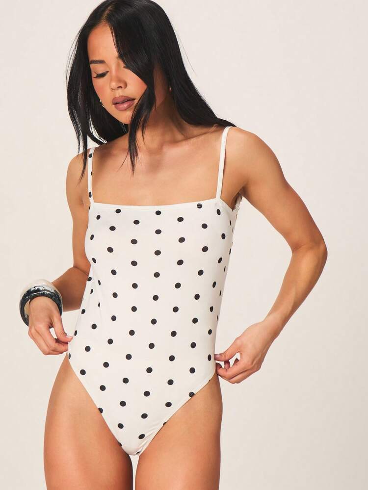 MISSGUIDED White Polka Dot Strappy Back Camisole Bodysuit With Adjustable Spaghetti Straps Square Neckline Form Fitting