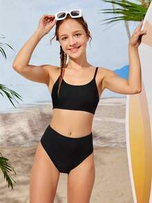 Sparklyn Teen Girls Casual Ribbed Black Bikini Sets, Fashionable Swimwear Suitable For Swimming, Vacation, Summer - Black - View 8