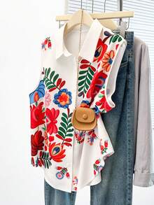 GlowEve CURVE Damen Große Größen Boho Blumen Muster Ärmellos Bluse, Sommer Kragen Einreihig Locker Urlaubs Bluse - Verschiedenfarbig - Übersicht 1
