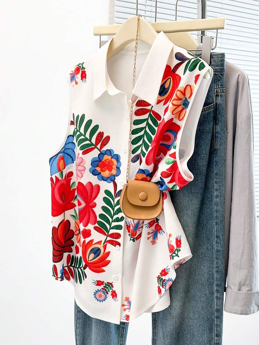 GlowEve CURVE Damen Große Größen Boho Blumen Muster Ärmellos Bluse, Sommer Kragen Einreihig Locker Urlaubs Bluse - Verschiedenfarbig - Übersicht 1
