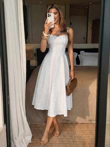 Lucivie 女士休闲优雅吊带褶皱心形领中长连衣裙，白色田园风Y2K浪漫野餐约会夏季连衣裙 - 白色 - 查看 6