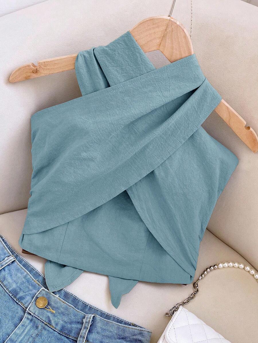 Travachic Áo nữ cổ yếm màu trơn ôm sát, kiểu dáng thường ngày - Màu xanh nhạt - Xem 1