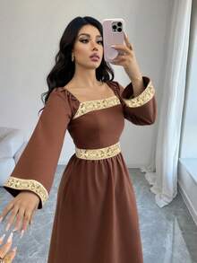 GlowEve Vestido elegante para mujer con cinturón tejido de cuello cuadrado en color marrón - Marrón - Ver 5