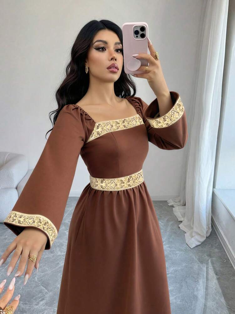 GlowEve Vestido Elegante com Cinto Trançado de Gola Quadrada Marrom para Mulheres - Castanho - Visão 5