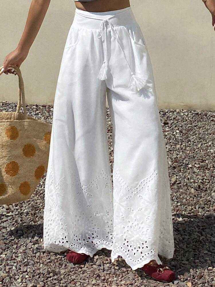 Women's High Waist Lace Hem Tie Waist Wide Leg Pants, Vacation Style