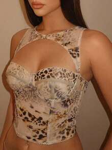 SHEIN BAE Women's Leopard Print Hollow Out Sexy Camisole, Leopard Women's Top , Going Out, Music Festival, Summer Top,Leopard Print ,Club,Sexy Top,Summer ,Party ,Beach,Cute Top,Club Sexy - Brown - View 3