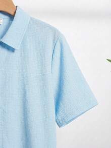 SHEIN Teen Boy Solid Color Polo Collar Single-Breasted Casual Versatile Daily Wear Short Sleeve Shirt,Kids Spring Outfits For Men Plain Shirt For Men Summer Shirt For Men Light Blue Men Shirt - Baby Blue - View 9