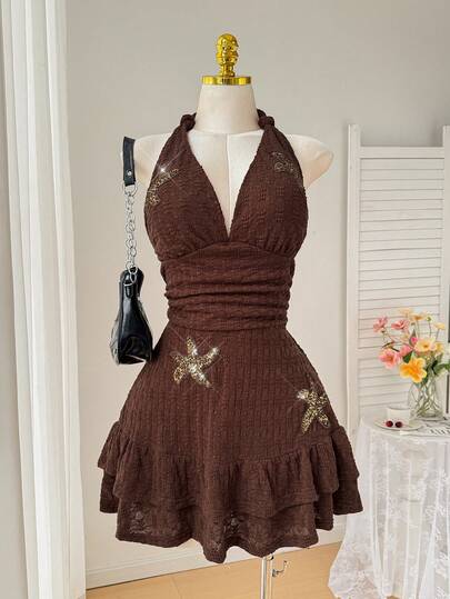Comfortcana Vestido de vacaciones holgado con cuello de volantes, bordado 3D de océano y estrella de mar, tejido jacquard casual para primavera y verano en talla grande