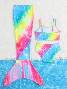 Young Girl Summer Vacation Fish Scale Print Spaghetti Strap Bikini Set Set With Cover-Up And Skirt, Random Print Girl Mermaid Swimwear Mermaid Bathing Suit Rainbow Two Piece Swimsuit Swimsuits For Kids Swimming Clothes - Multicolor - View 2