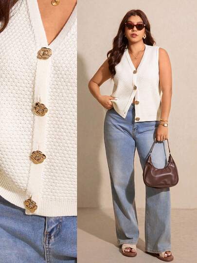 Elaquor Plus Size Elegant French Casual Metal Button Minimalist Spring/Summer Commute Versatile Knit Cardigan Top For Women