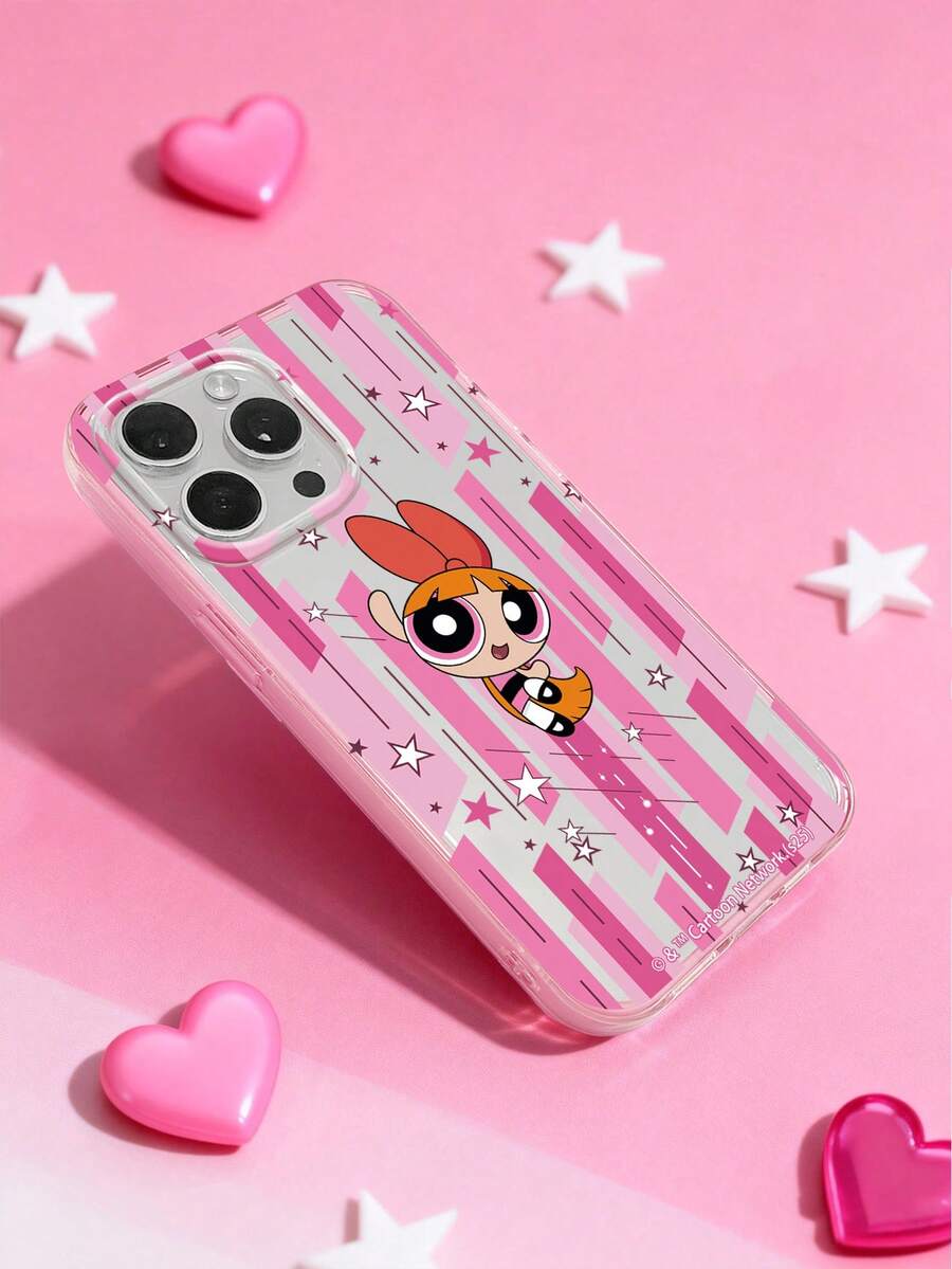 THE POWERPUFF GIRLS X SHEIN Y2K 复古风飞天小女警花花手机壳,可爱卡通粉色条纹星星印花,透明粉色边框软壳,双层防震保护套,情人节礼物及女孩节装扮,兼容 iPhone 17 Pro、iPhone 16、iPhone 16 Plus、iPhone 13、iPhone 12 和 iPhone 17 Pro Max。手机/手机配件 - 無色 - 查看 1
