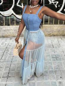 Slaydiva Women's Fashion Semi-Sheer Mesh Skirt With Denim Vest Patchwork Backless Top - Blue - View 7