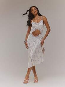 MUSERA V Neck Lace Trim Cutout Front Floral Printed Satin Asymmetric Maxi Dress Cute Sexy Spring Easter Going Out Girly Mothers Day Occasion Soft Bloom - Multicolor - View 1