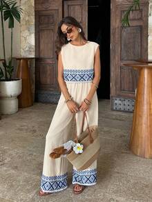 SHEIN Frenchy 女士度假休闲几何印花吊带背心和裤子两件套 - 杏色 - 查看 3