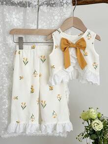 LMoss Kids Bộ đồ 2 món cho bé gái, gồm áo không tay cổ tròn và quần dài họa tiết hoa nhí xếp ly dễ thương. - Nhiều màu - Xem 3