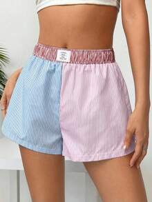 Comfortcana Women's Multicolor Striped Print Letter Patchwork Detail Shorts, Summer - Multicolor - View 8