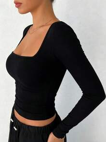 DAZY Áo thun nữ tay dài cổ vuông dáng ôm vừa vặn, kiểu áo croptop thường ngày. - màu đen - Xem 2