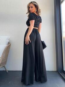 Jeta Ari 夏季實色修身短款T恤和褶皺寬腿褲 - 黑色 - 查看 2