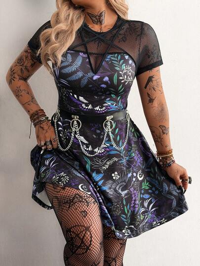 Whyspr Large Size Women's New Round Neck Retro Casual College Fashion Dark Punk Style Fashion Print Splicing Mesh Star Ribbon Decoration Large A-List Short Sleeved Dress, Suitable For Daily Wear, Office, Thanksgiving, New Year Dance, Vacation, Back To School Holiday Clothing, Birthday Parties, Music Festivals, Romance Festivals, Spring And Summer Women's Clothing Spring And Summer+Coachella/ Music Festival/ Party