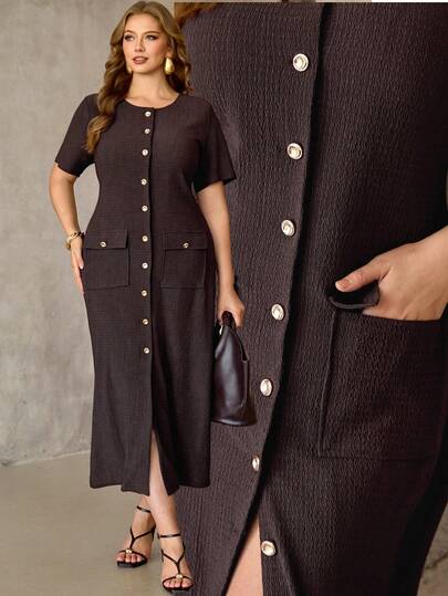 Roveilla 大码女式夏季休闲日常通勤度假纯色纹理面料短袖翻领口袋单排扣开襟连衣裙