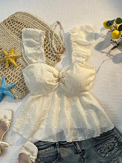 Sunnyshic 女士夏季杏色刺绣方领衬衫，饰有褶皱荷叶边下摆、金属海星装饰和飘逸袖子