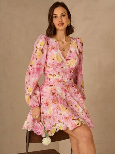 Enchnt Spring/Summer Romantic Women's Pink Floral Print Embroidered Long Sleeve Short Dress,Sweet&Elegant For Vacation&Date&Holiday&Going Out&Valentine's Day,Spring Outfit Women