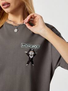 MONOPOLY X SHEIN 女士休闲标语印花T恤和裤子两件套，夏季 - 深灰色 - 查看 7