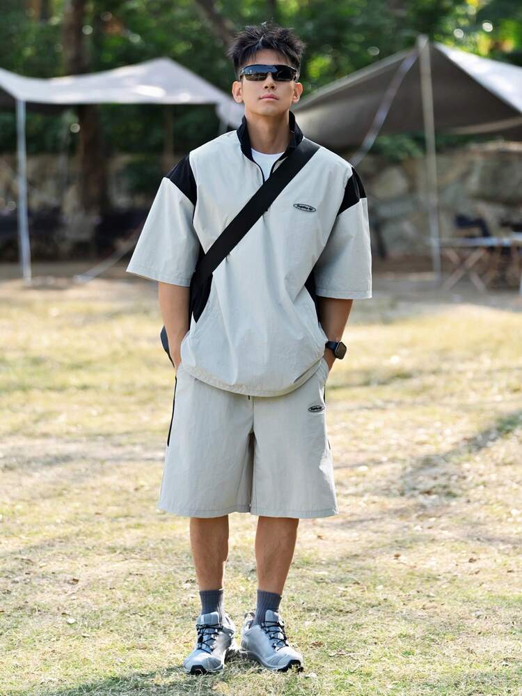 Men's Colorblock Zipper 1/3 Placket Outdoor T-Shirt Set, Summer