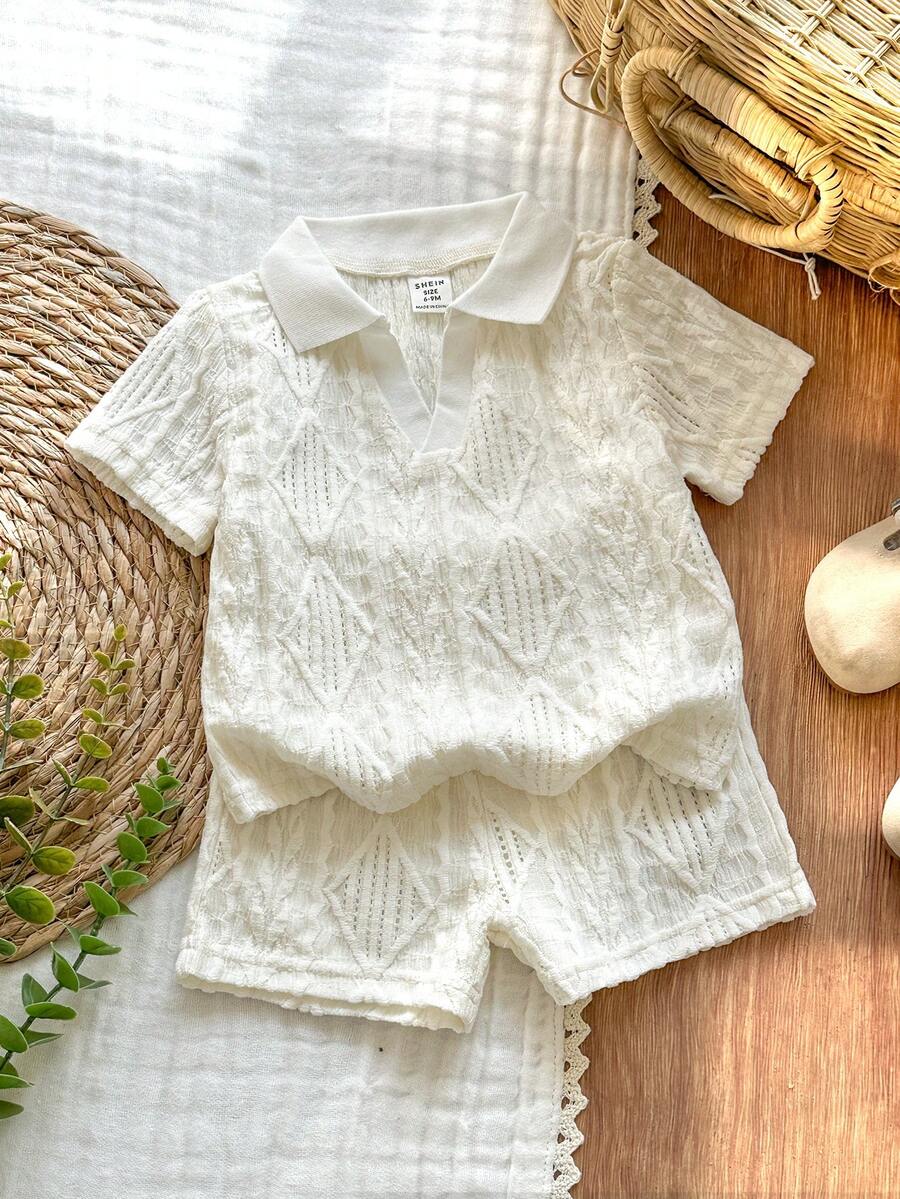 SHEIN Vintaside Kids طقم ملابس علوية كاجوال قصير الأكمام مع شورت جينز مغسول مناسب للاستخدام اليومي والتخييم العائلي والتسوق والتناول، مصمم بسيط مناسب للأطفال الصغار - لون مشمشي - مشاهدة 1