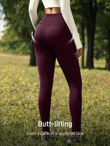 SHEIN In My Nature 女士高腰休闲户外修身裤，带口袋 - 酒紅色 - 查看 8