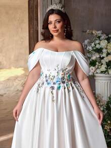 Aureia Plus Size Elegant White Spring Wedding Dress U-Neck Off-Shoulder Hanging Sleeve Fishbone Decor Luxury Sequins Splice High Slit A-Line Bridal - White - View 3