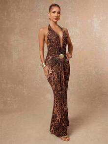 Lumalex Gaun Wanita Tanpa Lengan Leher V dengan Pinggang Berkerut dan Motif Leopard - Coklat - View 7