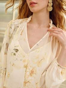 MOTF PREMIUM Áo kiểu nữ tay dài dáng rộng lãng mạn, in hoa và đính đá, thích hợp cho mùa xuân/hè. - Màu be - Xem 6