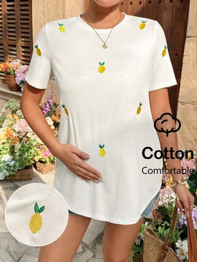 SHEIN Maternity Lemon Embroidery Short Sleeve T-Shirt Summer
