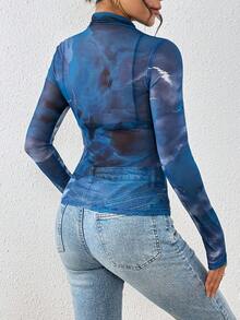 SHEIN Clasi 女士立领休闲百搭日常长袖上衣 - 藍白色 - 查看 2