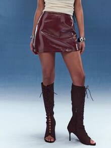 Normani Women's PU Leather Casual Versatile Date Night Mini Skirt - Coffee Brown - View 1